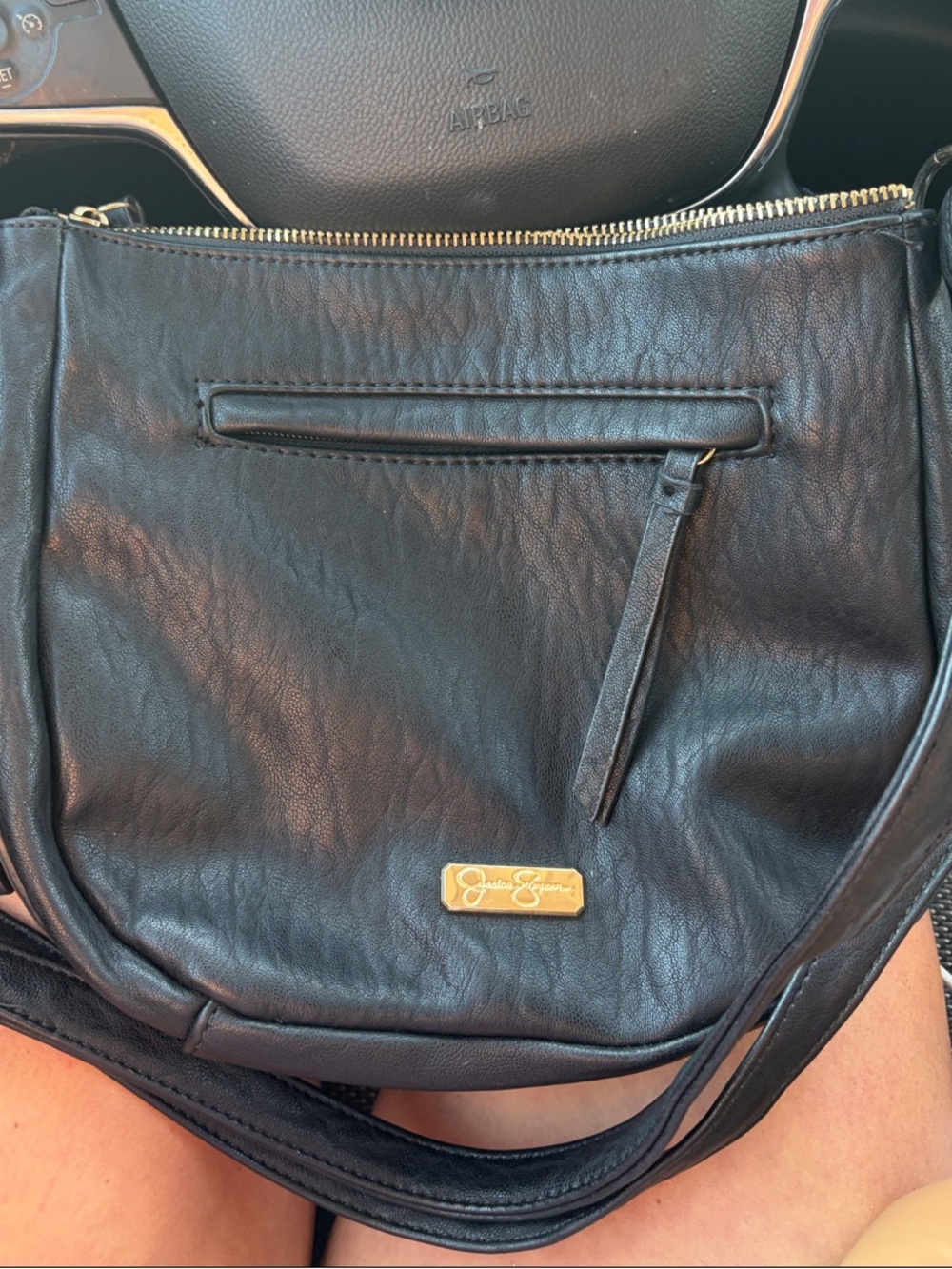 Jessica Simpson Black Leather Crossbody with Gold Plaque NWOT